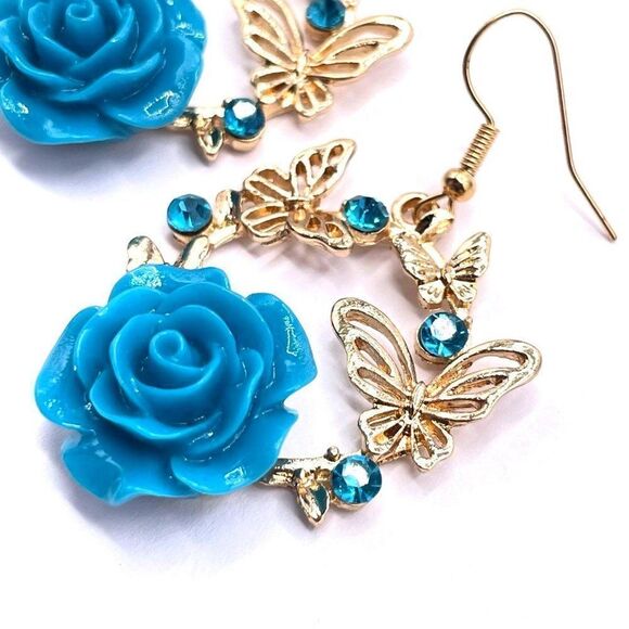 Yellow Gold with Blue Roses and Crystal Dangling Butterfly Hook Earrings - Picture 5 of 8
